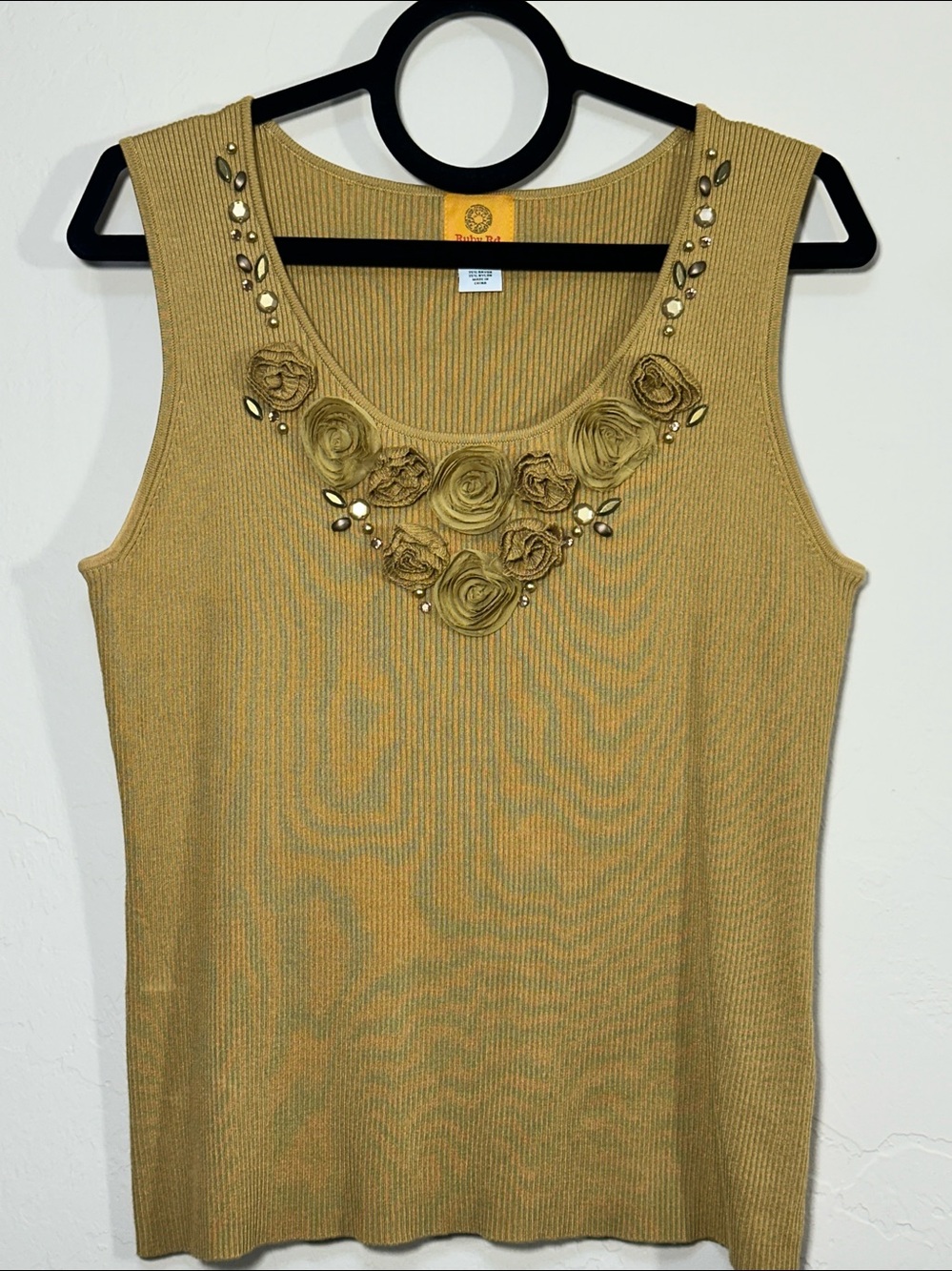 Ruby Rd. XL Mustard Yellow Ribbed Embellished Rosette Neckline Tank Top